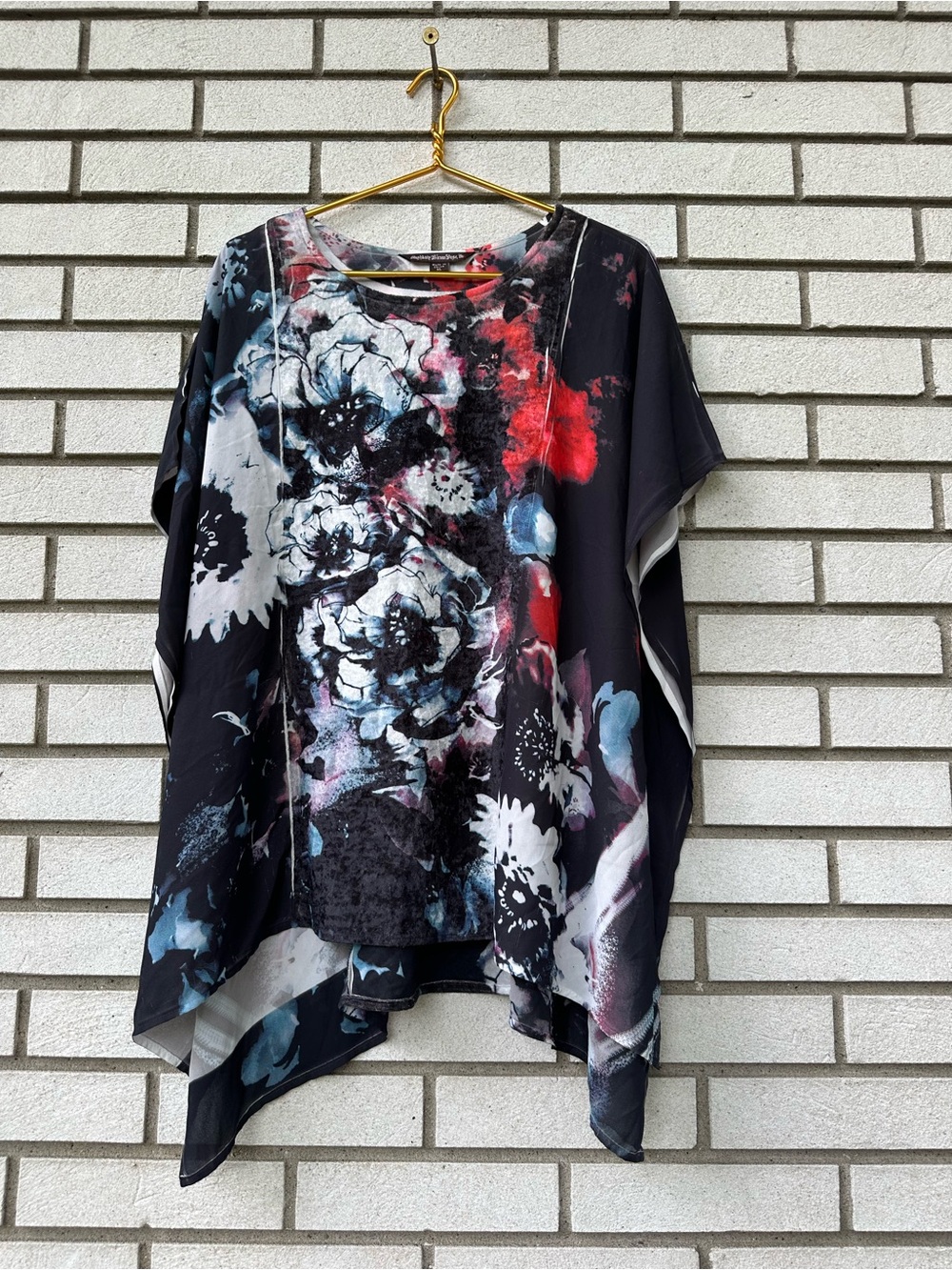 Mushka by Sienna Rose Velvet Panel Floral Chiffon Poncho Blouse XL Boho - Picture 2 of 8